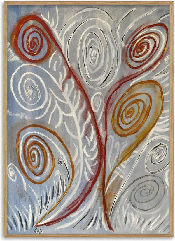 Coil by Fábio Diniz Art - rust red and ochre spiral stems among white swirls on blue-grey
