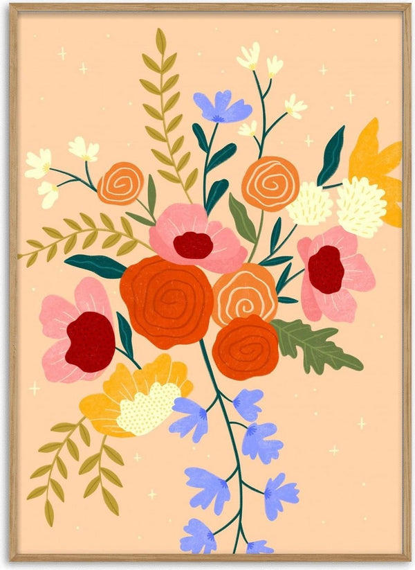 Colorful Floral Bouquet by Bea Müller – bouquet of orange roses, pink and blue flowers on peach