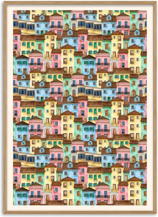 Poster of whimsical, colorful houses with varied windows and doors in pastel shades, arranged in a playful pattern.