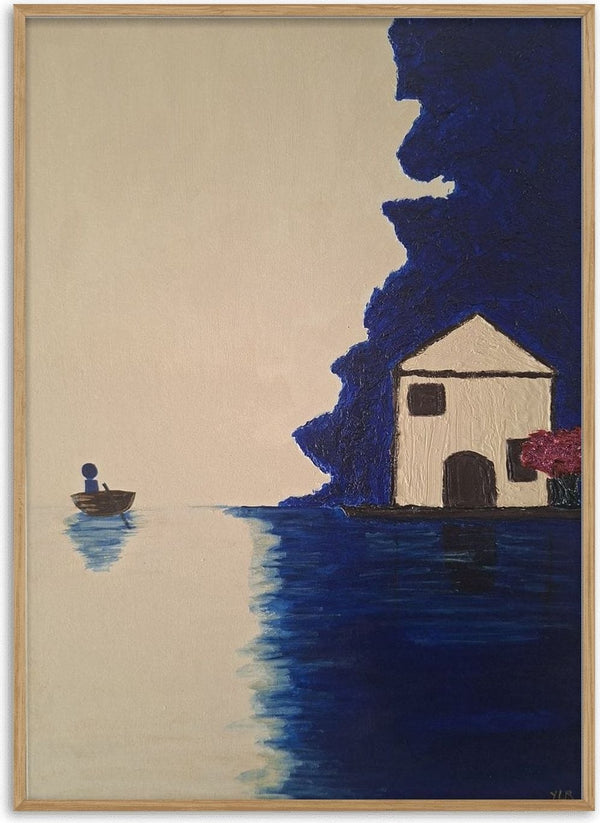 Coming Home by Naïve Art by YLR - a figure rowing a boat near a cream house beneath towering cobalt blue foliage