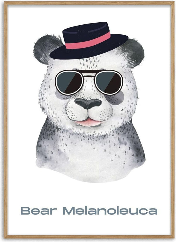Cool panda poster for kids featuring a panda with sunglasses and a hat, text reads "Bear Melanoleuca".