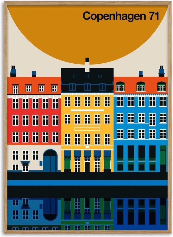 Copenhagen 71 by Bo Lundberg - the coloured facades of Nyhavn with their reflections under a large ochre sun