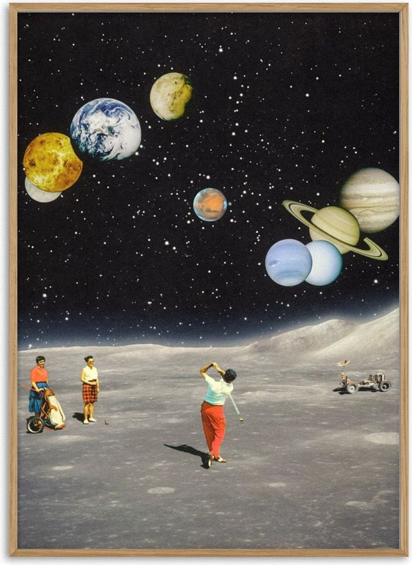 Cosmic Golf by Taudalpoi, vintage golfers playing on the moon under a black sky full of planets