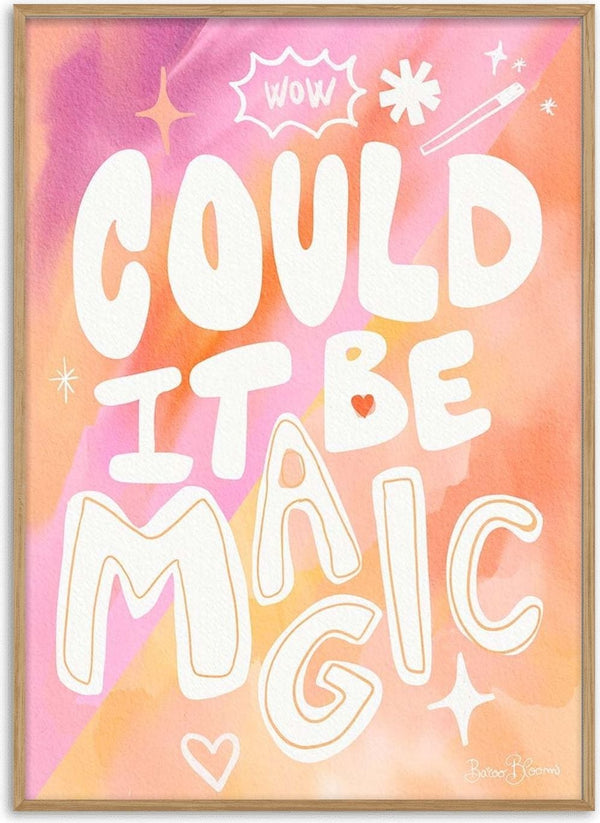 Peach pink poster with "Could It Be Magic" in playful white text, surrounded by doodles and sparkles.