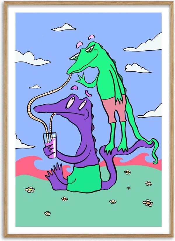 Crocodiles Friends by Elisa Albanelli - a purple and a green crocodile sharing one drink in a flowering meadow