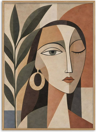 Cubist Woman Portrait with Plant Art Print – Geometric Abstract Wall Art in Earth Tones - TimlessArtworks