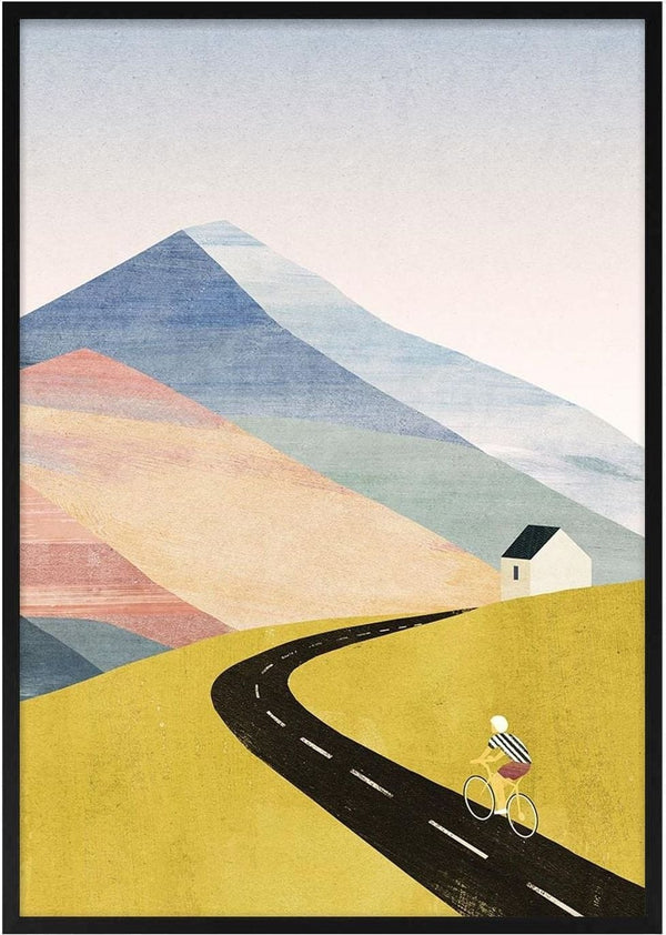 Illustration of a cyclist riding on a winding road toward a house, with mountains in the background.