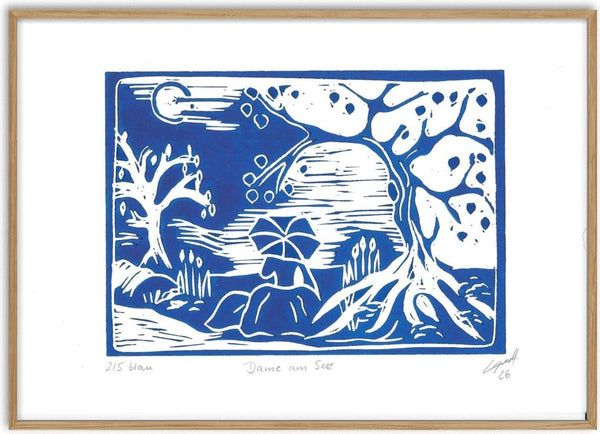 Dame am See · Lady by the Lake by ELIZA Leopold - blue linocut of a seated figure looking over a lake between two trees