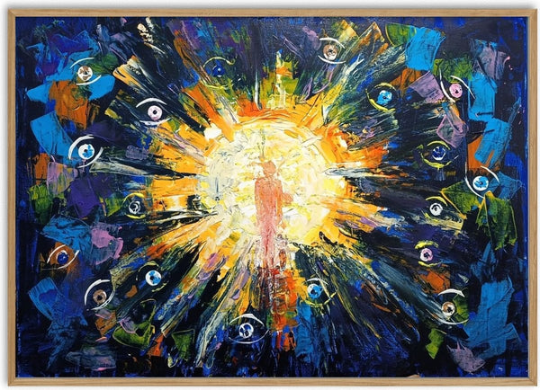 Damit wir uns sehen · So That We May See Ourselves by ELIZA Leopold - lone figure in a burst of yellow light surrounded by floating eyes on deep blue