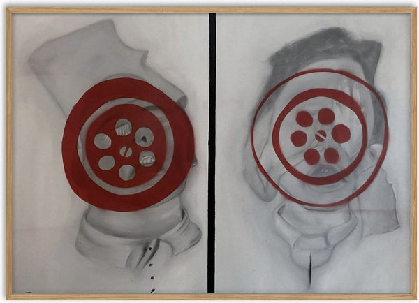 De maat by Julian staal - two panels with figures whose heads are covered by red circles