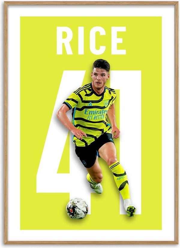 Declan Rice in an Arsenal kit with number 41, featured on a bright yellow football poster.