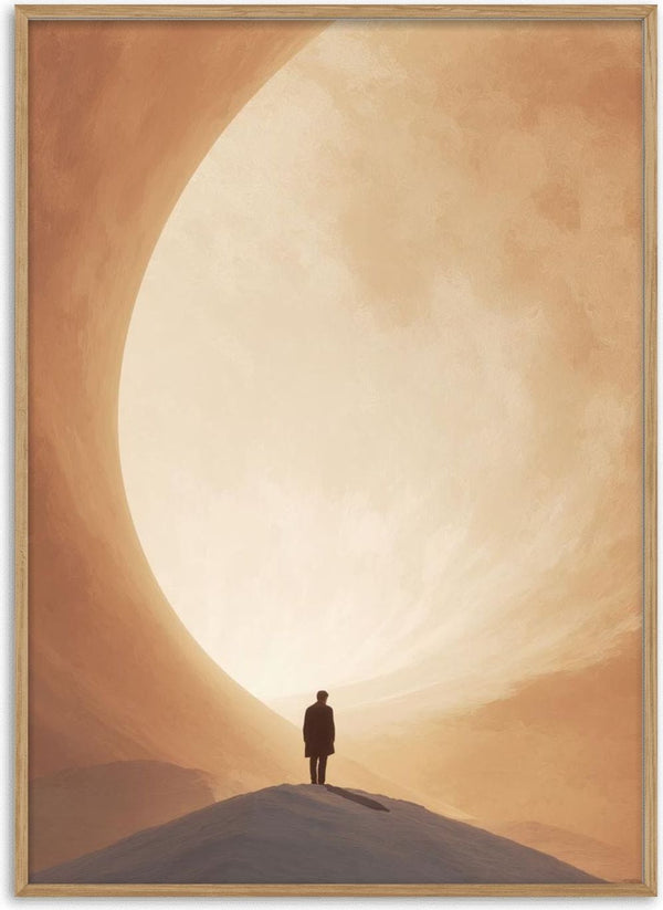 A lone figure stands on a hill beneath a massive glowing orb, evoking introspection and wonder in Deep Thoughts.