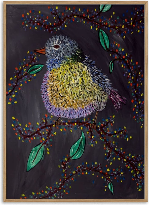 Digital Alchemy by Bibi - a speckled bird on a branch against a near-black ground