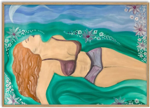 Diva by Carmen Coduri - a woman with red-gold hair lying in green waves under a blue sky with flowers