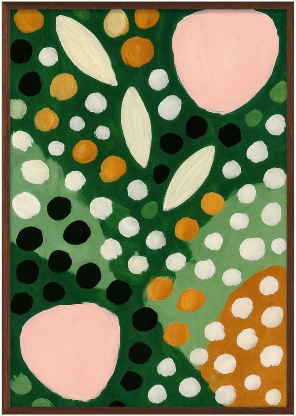 Abstract art with pink shapes, white and orange dots, leaf motifs on a green background. By Martina Karlsson.