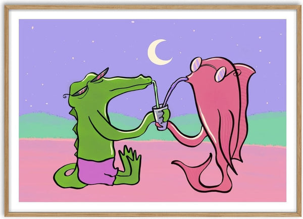 Drinking Buddies by Elisa Albanelli - a green crocodile and a pink jellyfish sharing a drink under a crescent moon
