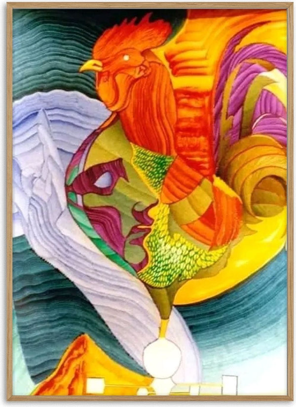 Eco by Carlos Enrique Gozalo Ara - a crested bird above folding ribbons of yellow, green and purple
