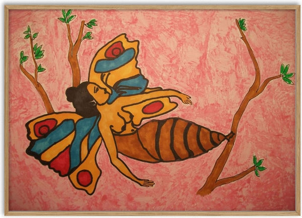 EGO fallenlassen by Olaf Baier - a woman with large patterned butterfly wings among bare branches