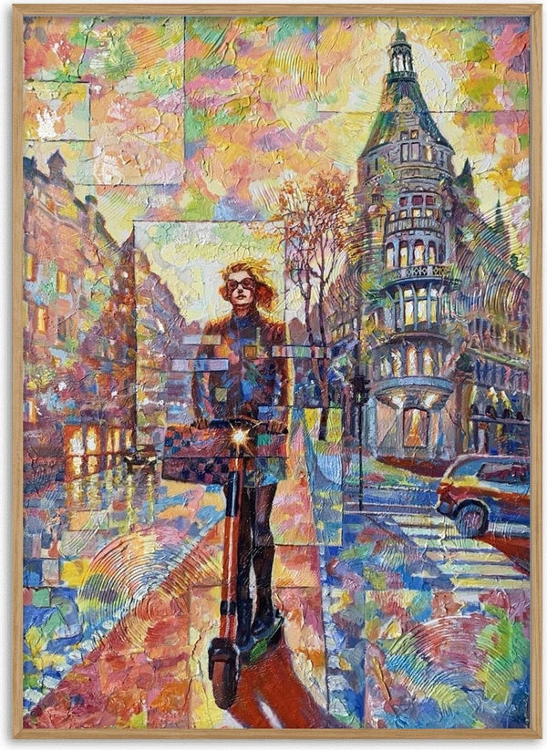 Elegans by Ramz Gadzh - a woman on an electric scooter in a city street painted in thick colour