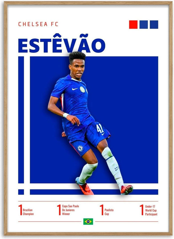 Poster featuring Estêvão in a Chelsea kit, with achievements and Brazil flag, titled "Estêvão - Chelsea FC".