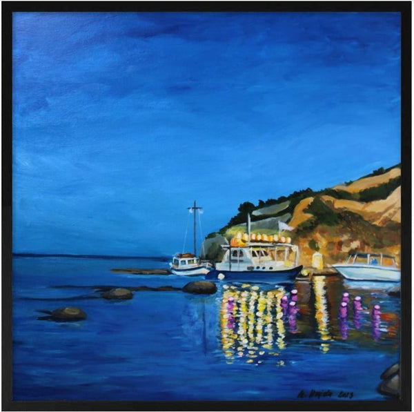 Evening Boats by Nella Hajdu - three lit boats by a rocky shore with gold and violet reflections on deep blue water