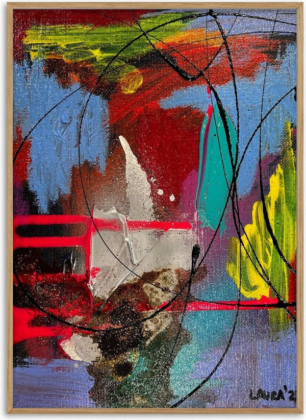 Expansion 1 by Laura Notari - black circles over blue, red, teal and yellow with gold glitter