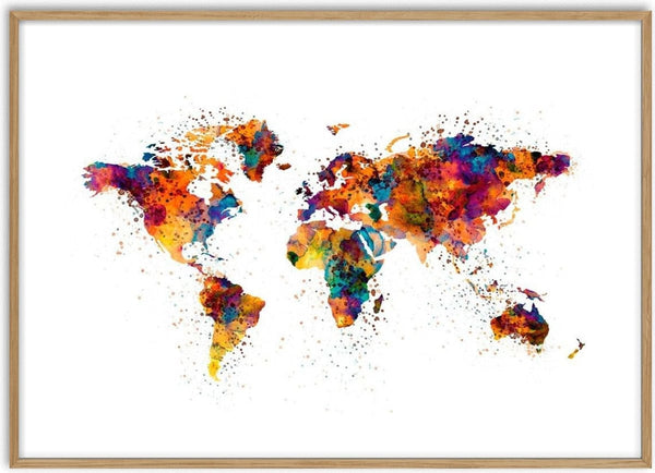 Colorful world map poster with vibrant watercolor splashes on a white background.