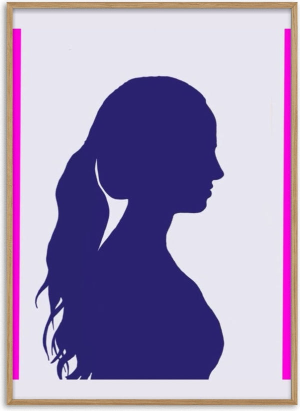 Femininity by Tonia - a navy silhouette of a woman with long wavy hair between two magenta bars