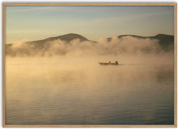 Fishermen Of Naivasha. (three) by Gloria Mwivanda - a small boat in golden mist on a lake at dawn