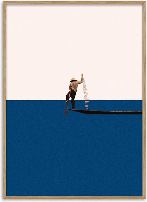 Minimalist artwork of a person fishing from a boat, titled "Fishing for compliments" by Maarten Léon.