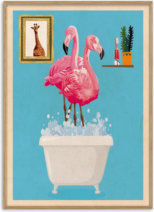 Two flamingos standing in a bubbly white bathtub, with plants and giraffe art on a blue wall.