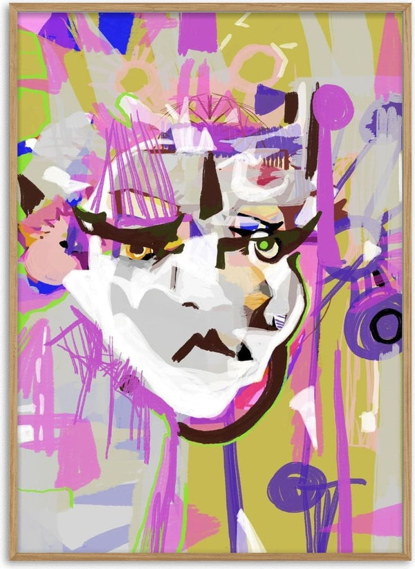 Flora by Miss Maureen - pale face in a busy pink, violet and mustard collage