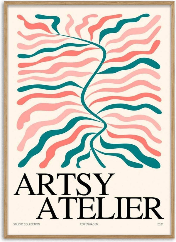 Abstract floral poster with wavy pink and green lines, titled "Artsy Atelier" in bold black letters.