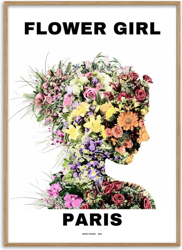 A silhouette of a girl filled with colorful flowers, with the text "Flower Girl Paris" above and below.