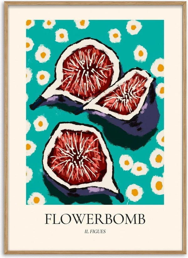 Artistic illustration of sliced figs with a floral background, labeled "Flowerbomb Il Figues Plakat."