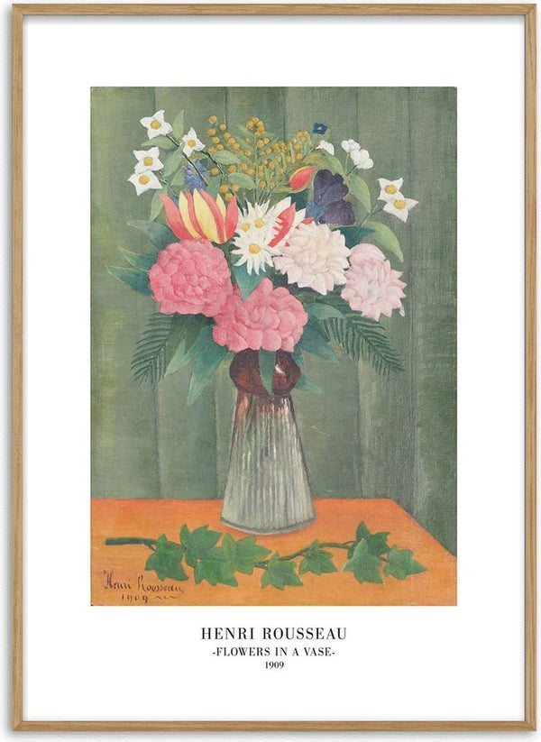 Bouquet of colorful flowers in a glass vase, painted by Henri Rousseau against a green curtain background.
