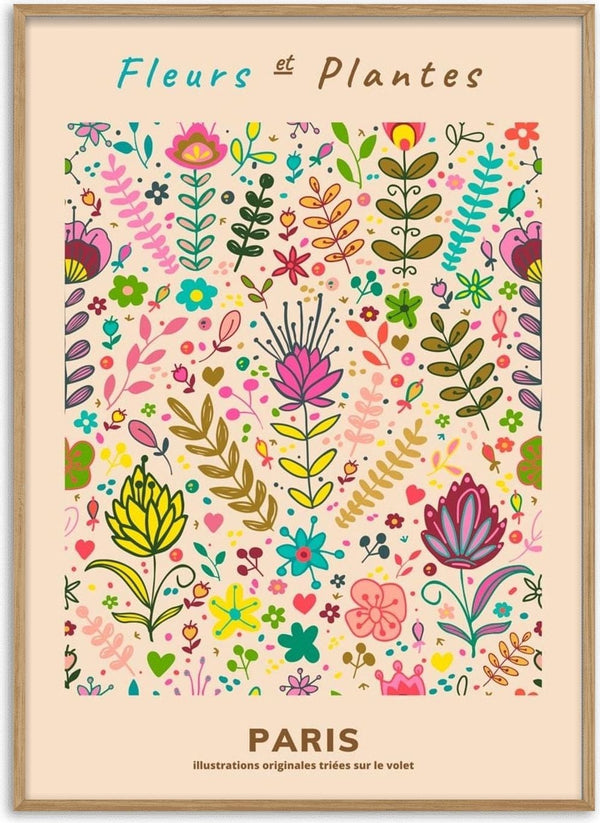 Colorful floral illustration art print with whimsical flowers and plants, titled "Fleurs et Plantes Paris #4".