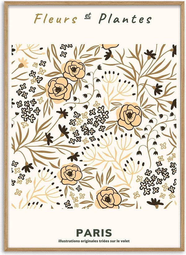 Art print featuring beige and brown floral patterns with "Fleurs et Plantes Paris" written at the top.