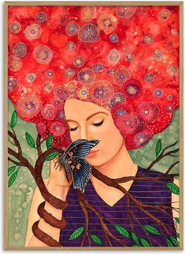 Illustration of a woman with vibrant red hair, holding a butterfly amid tree branches and leaves.