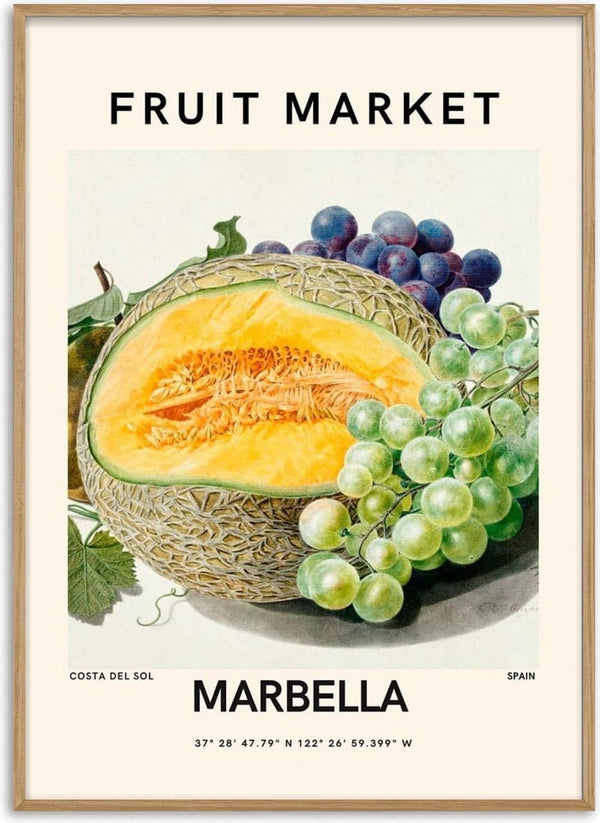 Illustration of melon, green and purple grapes on a poster with the text "Fruit Market Marbella Costa del Sol Spain".