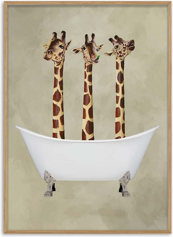 Three giraffes with playful expressions standing in a white bathtub; Giraffes in Bathtub - Coco de Paris.