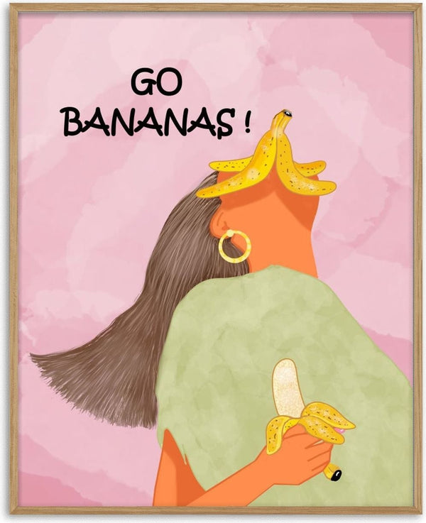 Illustration of a woman holding and wearing bananas, with "Go Bananas!" text on pink background.