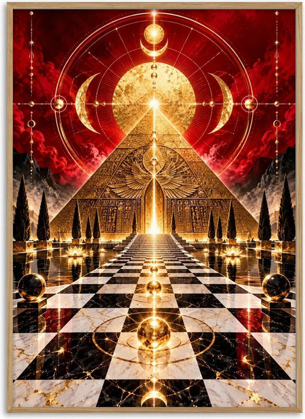 Golden temple by RA - a golden pyramid above a marble floor under a deep red sky