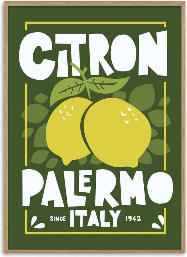 Poster with two yellow lemons, green leaves, and bold text reading "Citron Palermo Italy" on a dark green background.