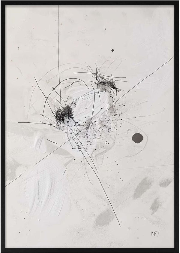 Abstract black and white artwork for Harmony of Chaos, featuring dynamic lines, smudges, and ink splatters.