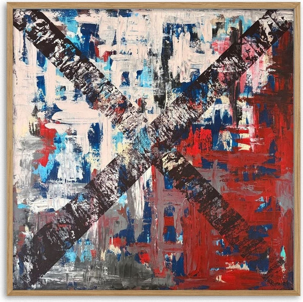 Here by karti - large dark X over knife-painted patches of red, navy, blue and white