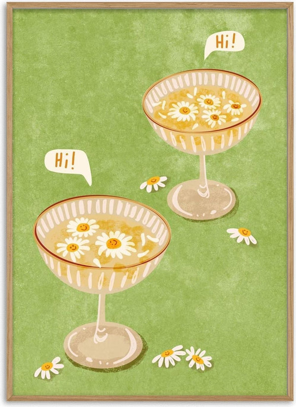 Illustration of two cocktail glasses with daisies saying "Hi!" on a green background.
