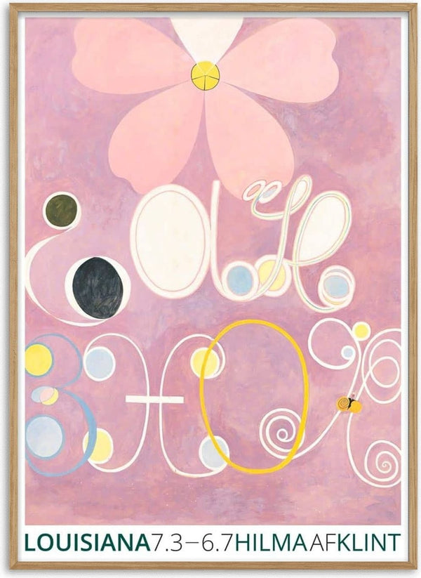 Abstract artwork by Hilma af Klint with pastel shapes, swirls, and a large pink flower on a soft background.