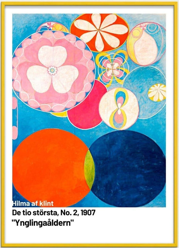 Abstract painting of colorful circles and floral shapes, featured on a Hilma af Klint poster product page.