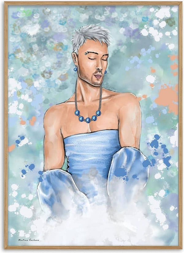 Illustration of a person with short silver hair in blue attire and necklace, eyes closed, on Hold me Closer product page.